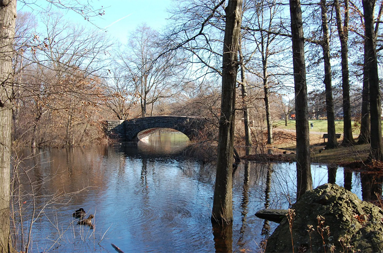 石橋梁的照片在安靜的池塘的在一個(gè)公開高爾夫球場(chǎng)上